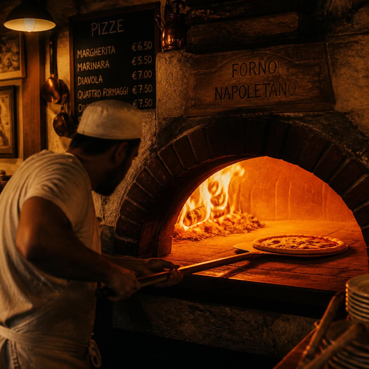 Pizzaiolo enfournant une pizza dans le four à bois